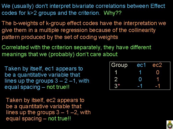 We (usually) don’t interpret bivariate correlations between Effect codes for k>2 groups and the We (usually) don’t interpret bivariate correlations between Effect codes for k>2 groups and the