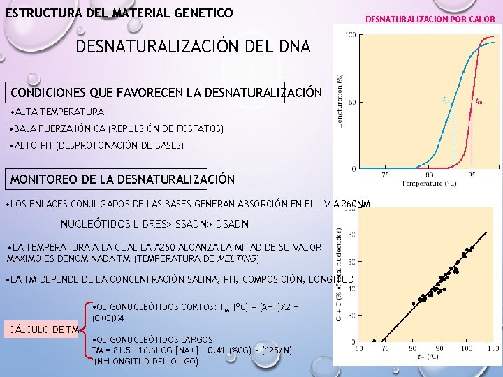 ESTRUCTURA DEL MATERIAL GENETICO DESNATURALIZACION POR CALOR DESNATURALIZACIÓN DEL DNA CONDICIONES QUE FAVORECEN LA