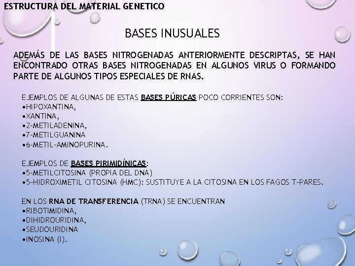 ESTRUCTURA DEL MATERIAL GENETICO BASES INUSUALES ADEMÁS DE LAS BASES NITROGENADAS ANTERIORMENTE DESCRIPTAS, SE