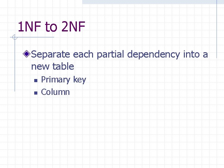 1 NF to 2 NF Separate each partial dependency into a new table n 1 NF to 2 NF Separate each partial dependency into a new table n