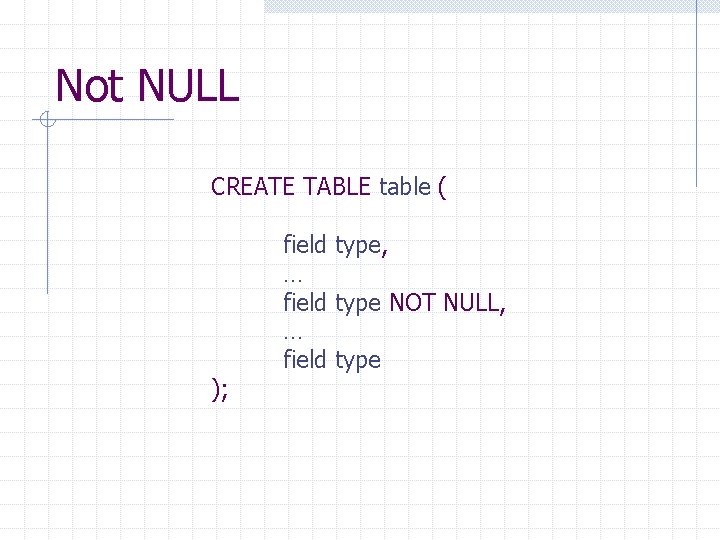 Not NULL CREATE TABLE table ( ); field type, … field type NOT NULL, Not NULL CREATE TABLE table ( ); field type, … field type NOT NULL,