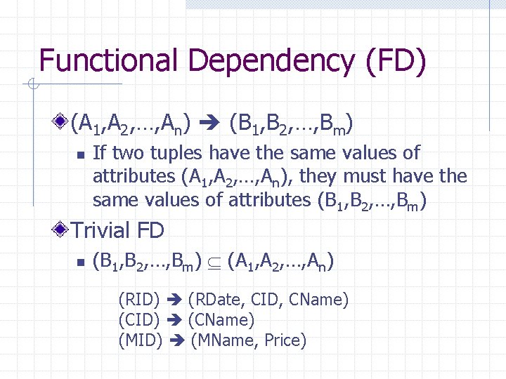 Functional Dependency (FD) (A 1, A 2, …, An) (B 1, B 2, …, Functional Dependency (FD) (A 1, A 2, …, An) (B 1, B 2, …,