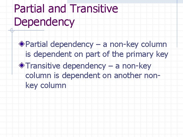 Partial and Transitive Dependency Partial dependency – a non-key column is dependent on part Partial and Transitive Dependency Partial dependency – a non-key column is dependent on part