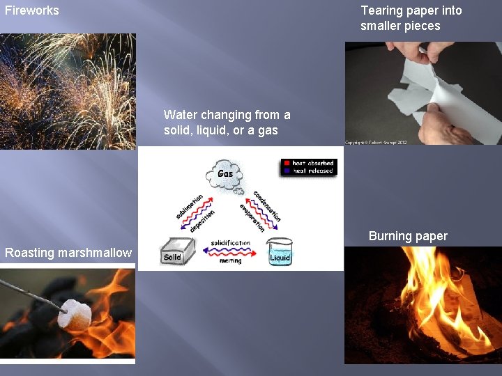Fireworks Tearing paper into smaller pieces Water changing from a solid, liquid, or a