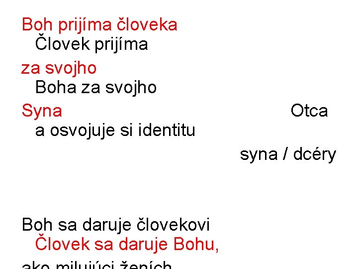 Boh prijíma človeka Človek prijíma za svojho Boha za svojho Syna a osvojuje si