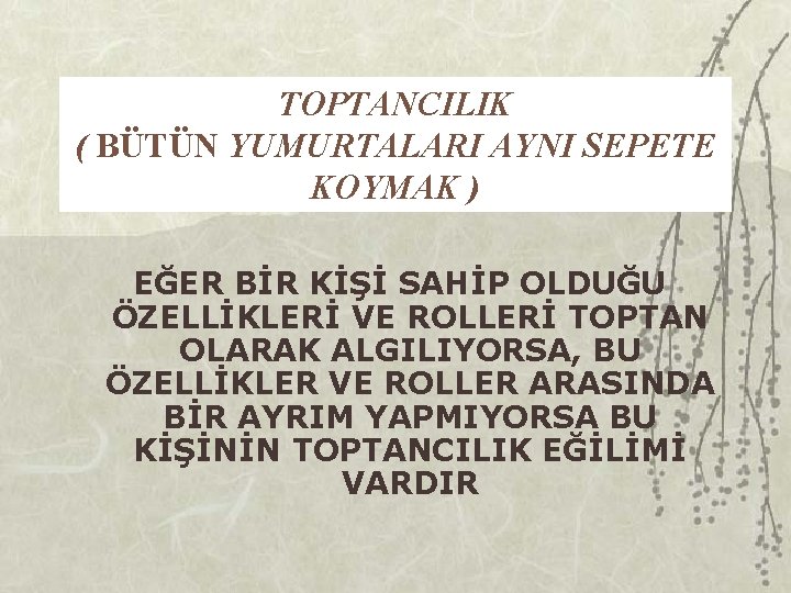 TOPTANCILIK ( BÜTÜN YUMURTALARI AYNI SEPETE KOYMAK ) EĞER BİR KİŞİ SAHİP OLDUĞU ÖZELLİKLERİ