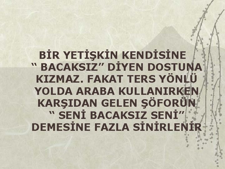 BİR YETİŞKİN KENDİSİNE “ BACAKSIZ” DİYEN DOSTUNA KIZMAZ. FAKAT TERS YÖNLÜ YOLDA ARABA KULLANIRKEN