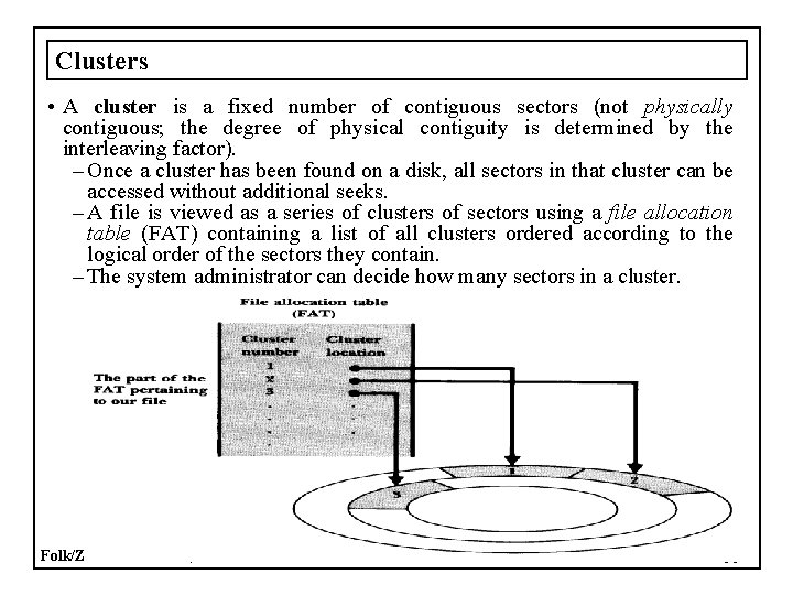 Clusters • A cluster is a fixed number of contiguous sectors (not physically contiguous;