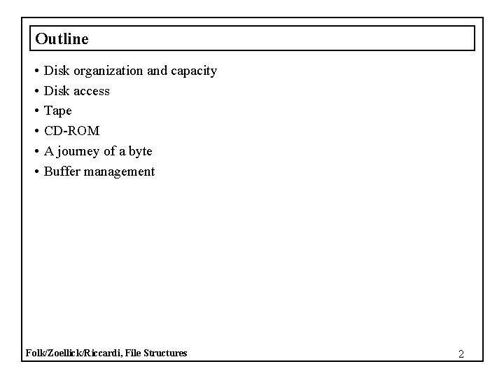 Outline • • • Disk organization and capacity Disk access Tape CD-ROM A journey