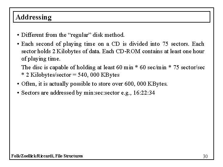 Addressing • Different from the “regular” disk method. • Each second of playing time