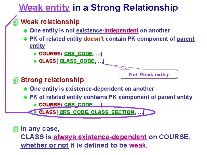 Weak entity in a Strong Relationship 4 Weak relationship One entity is not existence-independent Weak entity in a Strong Relationship 4 Weak relationship One entity is not existence-independent