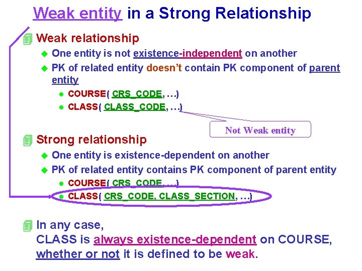 Weak entity in a Strong Relationship 4 Weak relationship One entity is not existence-independent