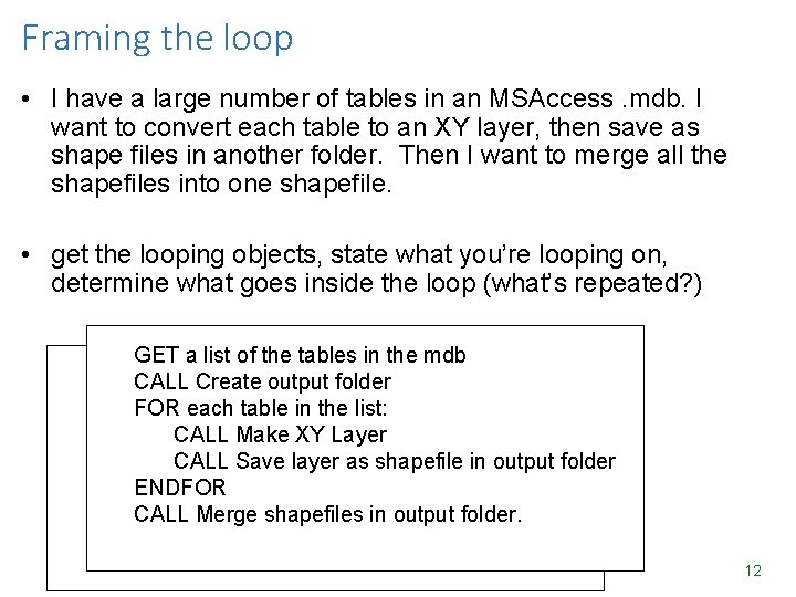 Framing the loop • I have a large number of tables in an MSAccess. Framing the loop • I have a large number of tables in an MSAccess.