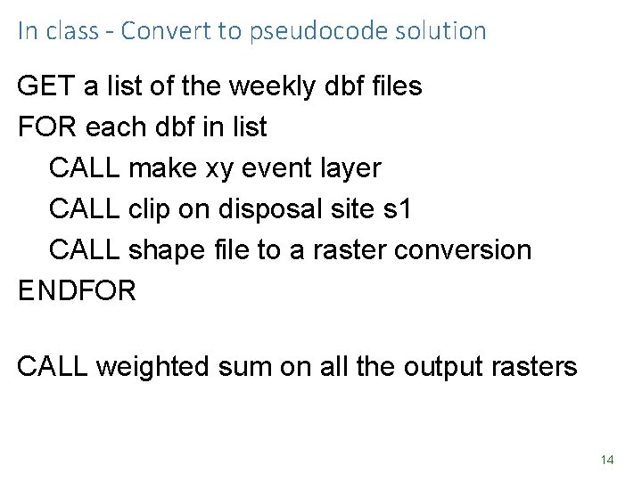 In class - Convert to pseudocode solution GET a list of the weekly dbf In class - Convert to pseudocode solution GET a list of the weekly dbf