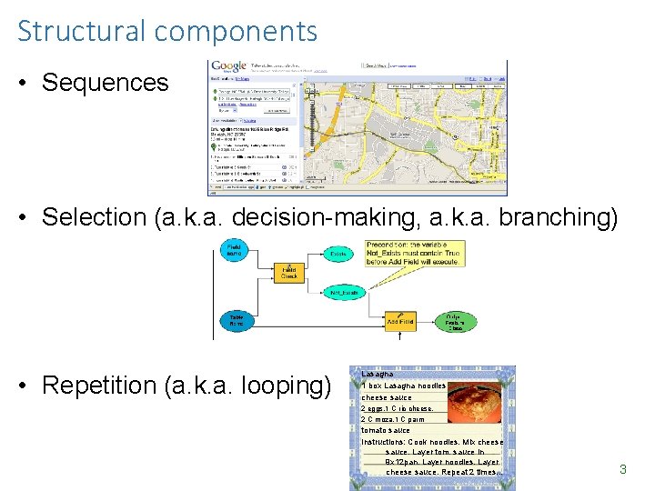Structural components • Sequences • Selection (a. k. a. decision-making, a. k. a. branching) Structural components • Sequences • Selection (a. k. a. decision-making, a. k. a. branching)