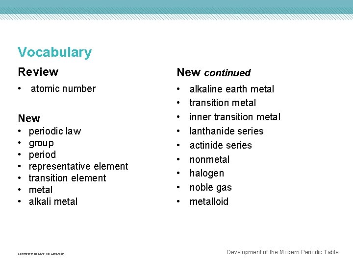 Vocabulary Review New continued • atomic number • • • New • • periodic