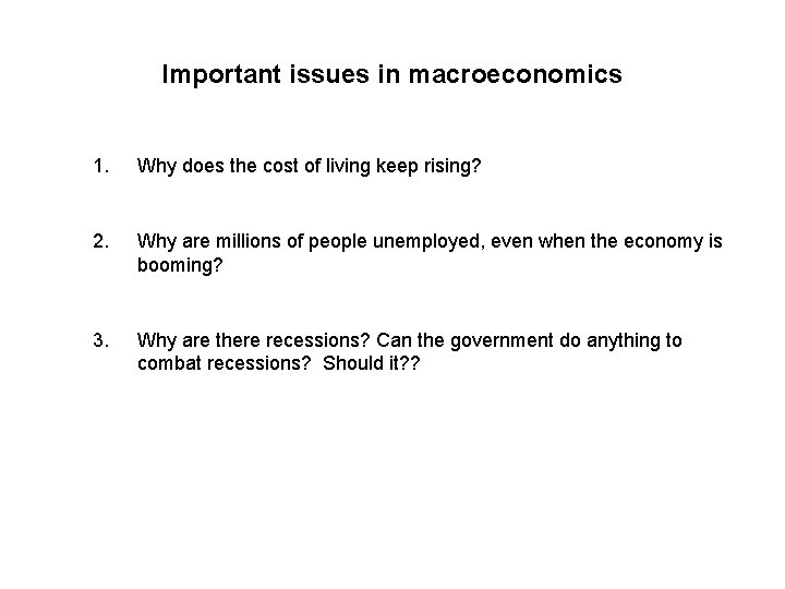 Important issues in macroeconomics 1. Why does the cost of living keep rising? 2.