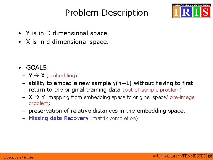 Problem Description • Y is in D dimensional space. • X is in d