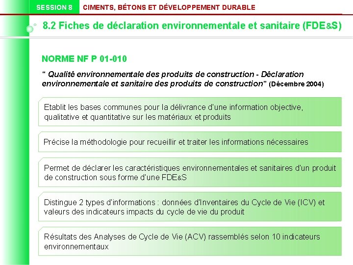 SESSION 8 CIMENTS, BÉTONS ET DÉVELOPPEMENT DURABLE 8. 2 Fiches de déclaration environnementale et