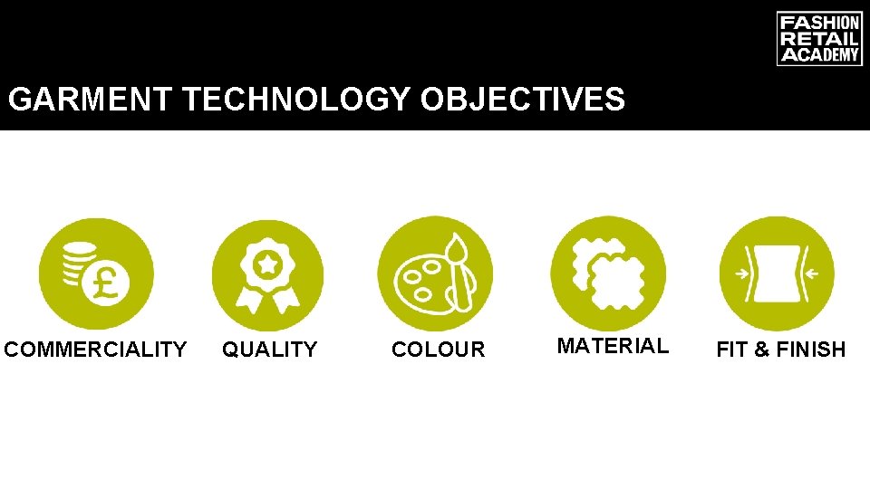 GARMENT TECHNOLOGY OBJECTIVES COMMERCIALITY QUALITY COLOUR MATERIAL FIT & FINISH 