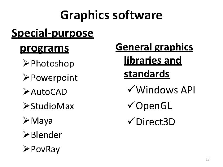 Graphics software Special-purpose programs ØPhotoshop ØPowerpoint ØAuto. CAD ØStudio. Max ØMaya ØBlender ØPov. Ray