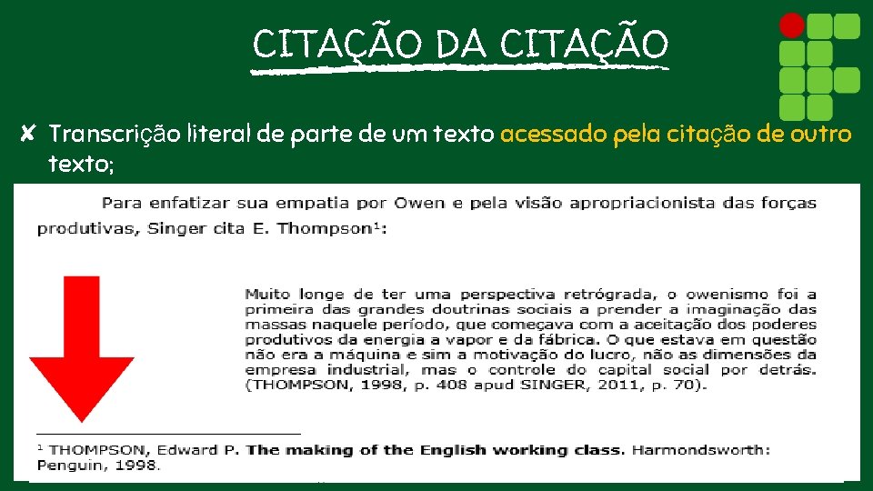 CITAÇÃO DA CITAÇÃO ✘ Transcrição literal de parte de um texto acessado pela citação