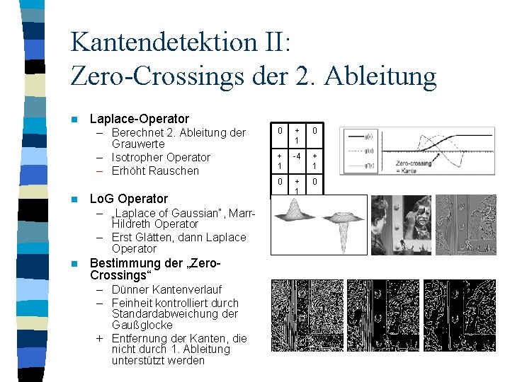 Kantendetektion II: Zero-Crossings der 2. Ableitung n Laplace-Operator – Berechnet 2. Ableitung der Grauwerte