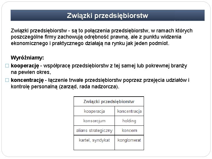 Związki przedsiębiorstw - są to połączenia przedsiębiorstw, w ramach których poszczególne firmy zachowują odrębność