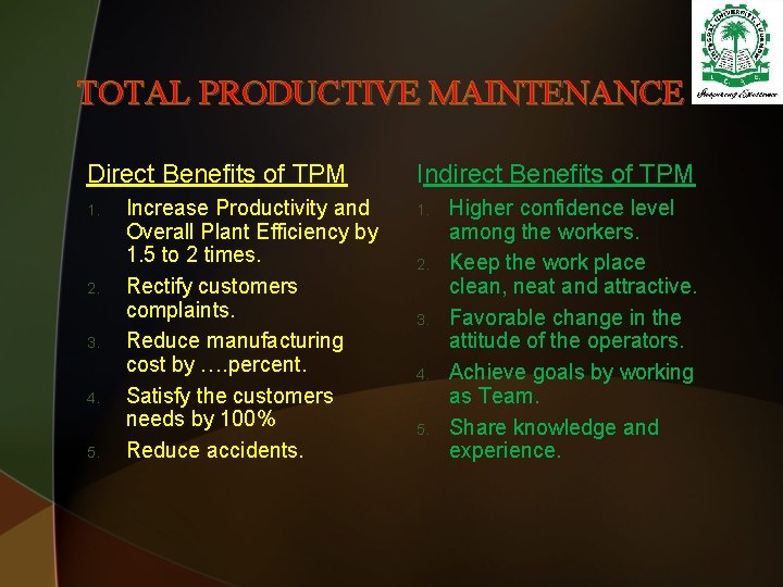 TOTAL PRODUCTIVE MAINTENANCE Direct Benefits of TPM 1. 2. 3. 4. 5. Increase Productivity