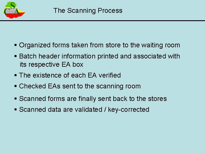 The Scanning Process § Organized forms taken from store to the waiting room §