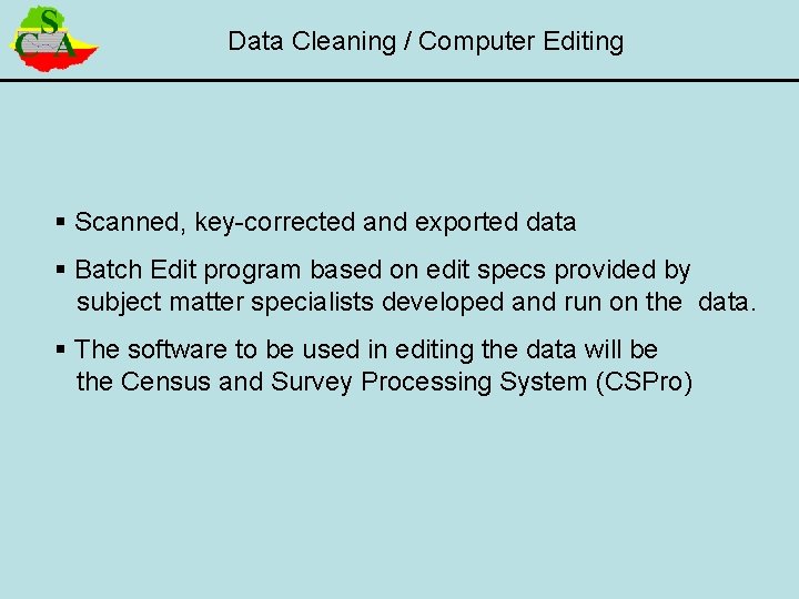 Data Cleaning / Computer Editing § Scanned, key-corrected and exported data § Batch Edit