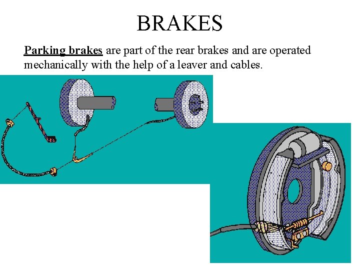 BRAKES Parking brakes are part of the rear brakes and are operated mechanically with