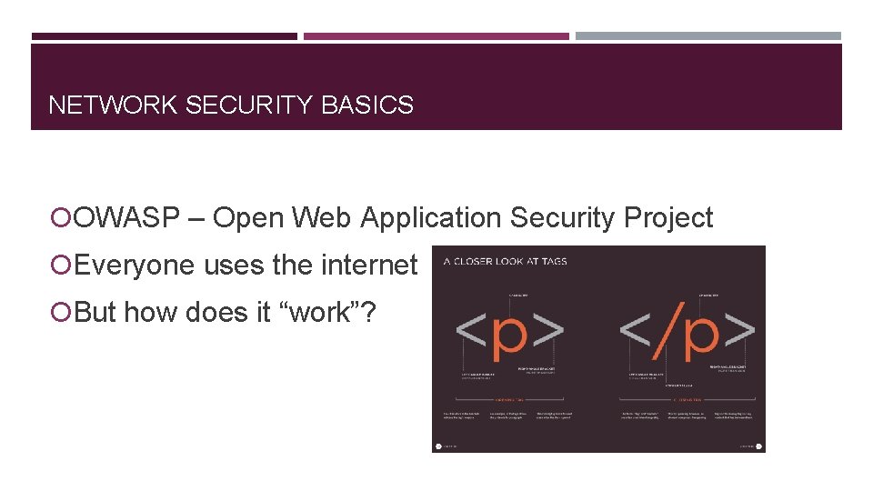 NETWORK SECURITY BASICS OWASP – Open Web Application Security Project Everyone uses the internet