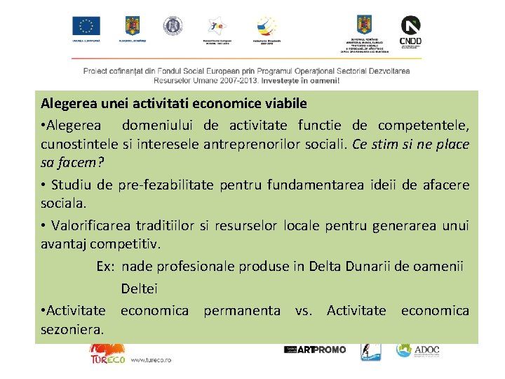 Alegerea unei activitati economice viabile • Alegerea domeniului de activitate functie de competentele, cunostintele