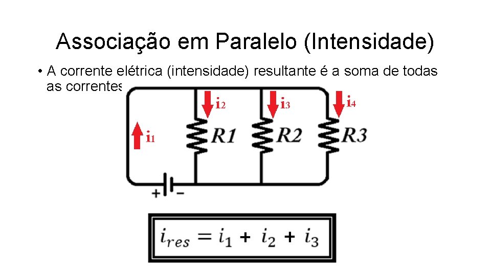 Associação em Paralelo (Intensidade) • A corrente elétrica (intensidade) resultante é a soma de