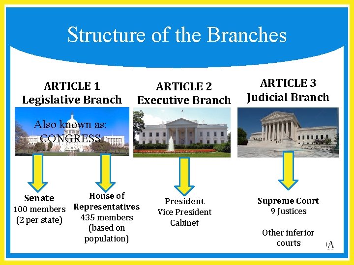 Structure of the Branches ARTICLE 1 Legislative Branch ARTICLE 2 Executive Branch ARTICLE 3