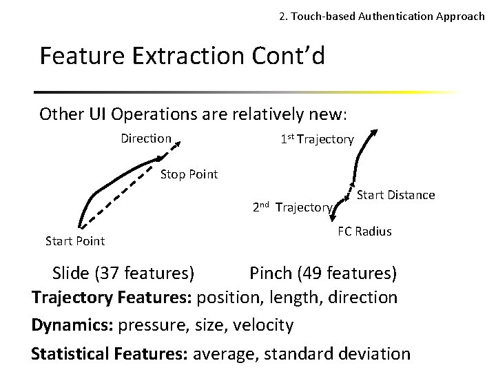 2. Touch-based Authentication Approach Feature Extraction Cont’d Other UI Operations are relatively new: Direction