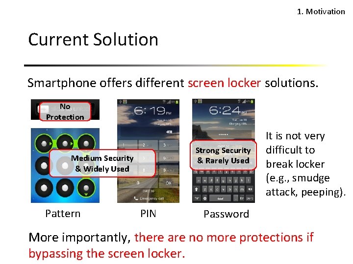 1. Motivation Current Solution Smartphone offers different screen locker solutions. No Protection Strong Security
