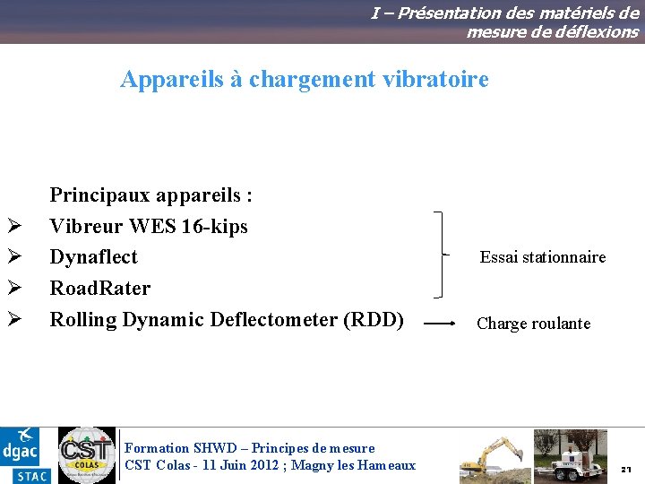 I – Présentation des matériels de mesure de déflexions Appareils à chargement vibratoire Ø