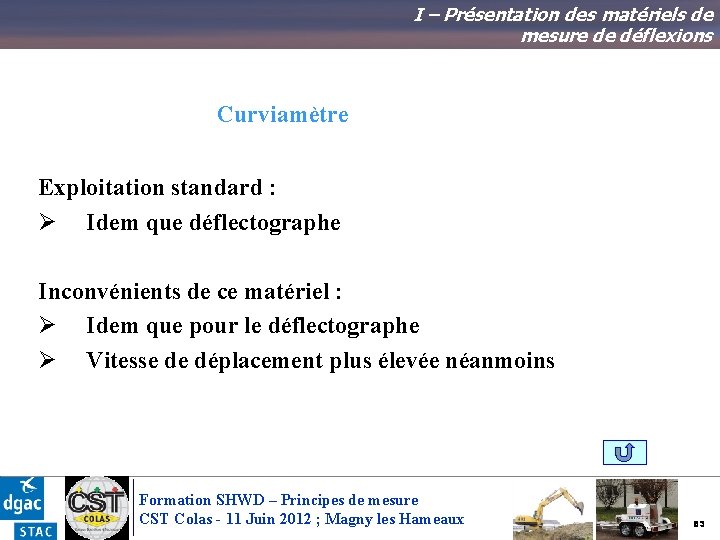 I – Présentation des matériels de mesure de déflexions Curviamètre Exploitation standard : Ø