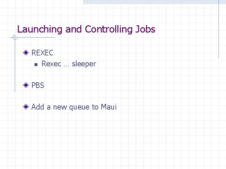 Launching and Controlling Jobs REXEC n Rexec … sleeper PBS Add a new queue