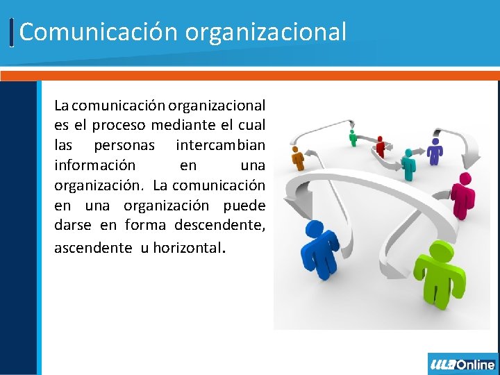 Comunicación organizacional La comunicación organizacional es el proceso mediante el cual las personas intercambian