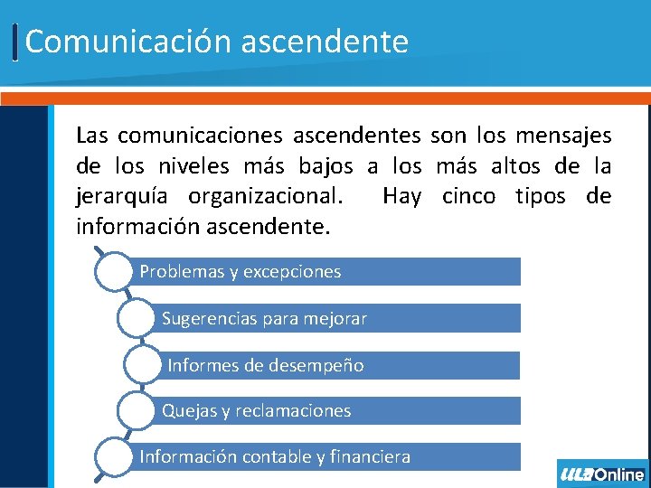 Comunicación ascendente Las comunicaciones ascendentes son los mensajes de los niveles más bajos a Comunicación ascendente Las comunicaciones ascendentes son los mensajes de los niveles más bajos a