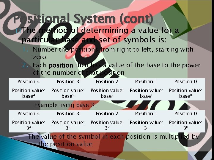 Positional System (cont) � The method of determining a value for a particular base