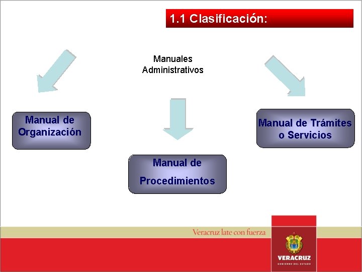 1. 1 Clasificación: Manuales Administrativos Manual de Organización Manual de Trámites o Servicios Manual