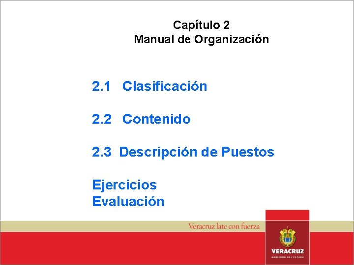 Capítulo 2 Manual de Organización 2. 1 Clasificación 2. 2 Contenido 2. 3 Descripción