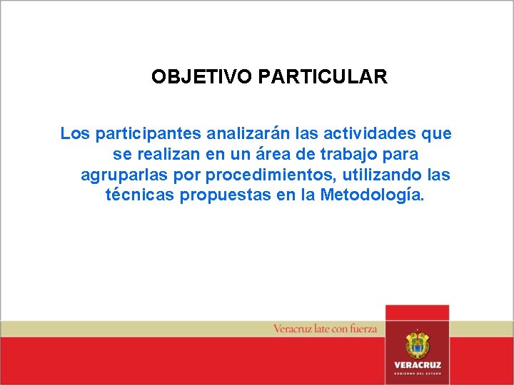 OBJETIVO PARTICULAR Los participantes analizarán las actividades que se realizan en un área de