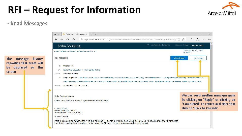 RFI – Request for Information - Read Messages The message history regarding that event