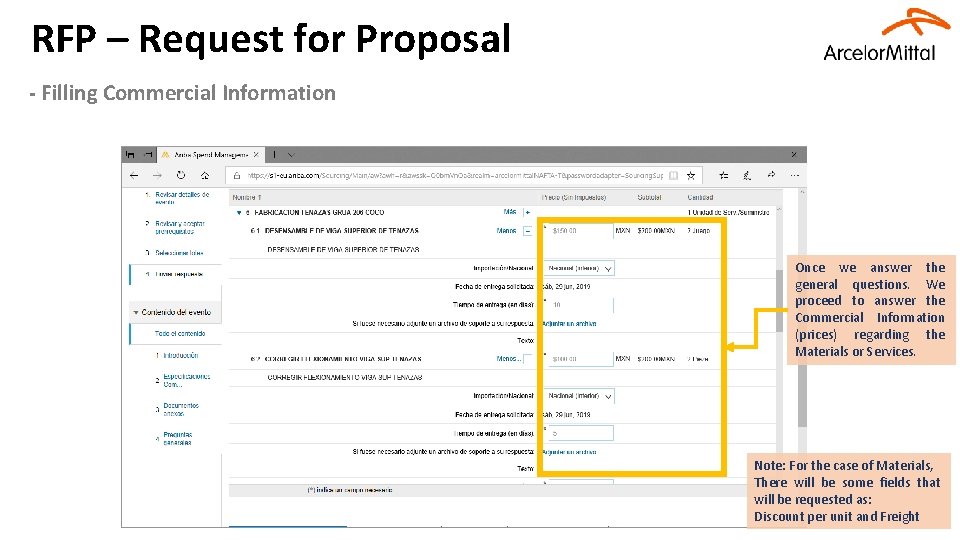 RFP – Request for Proposal - Filling Commercial Information Once we answer the general
