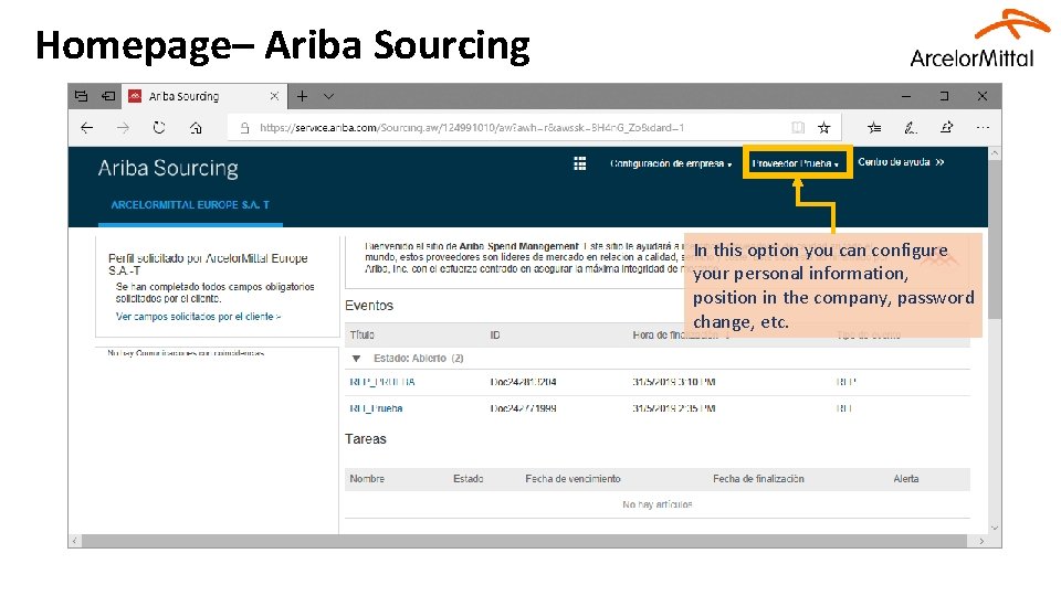 Homepage– Ariba Sourcing In this option you can configure your personal information, position in